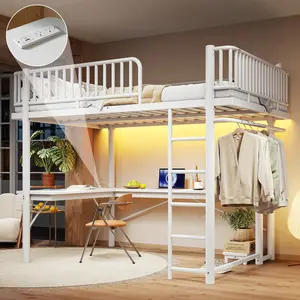 Queen Loft Bed with L-Shaped Desk,LED Light Strip and Charge Station, Metal Loft Bed with Computer Mainframe Tray and Hanging Area, Special Round Pipe Design, White