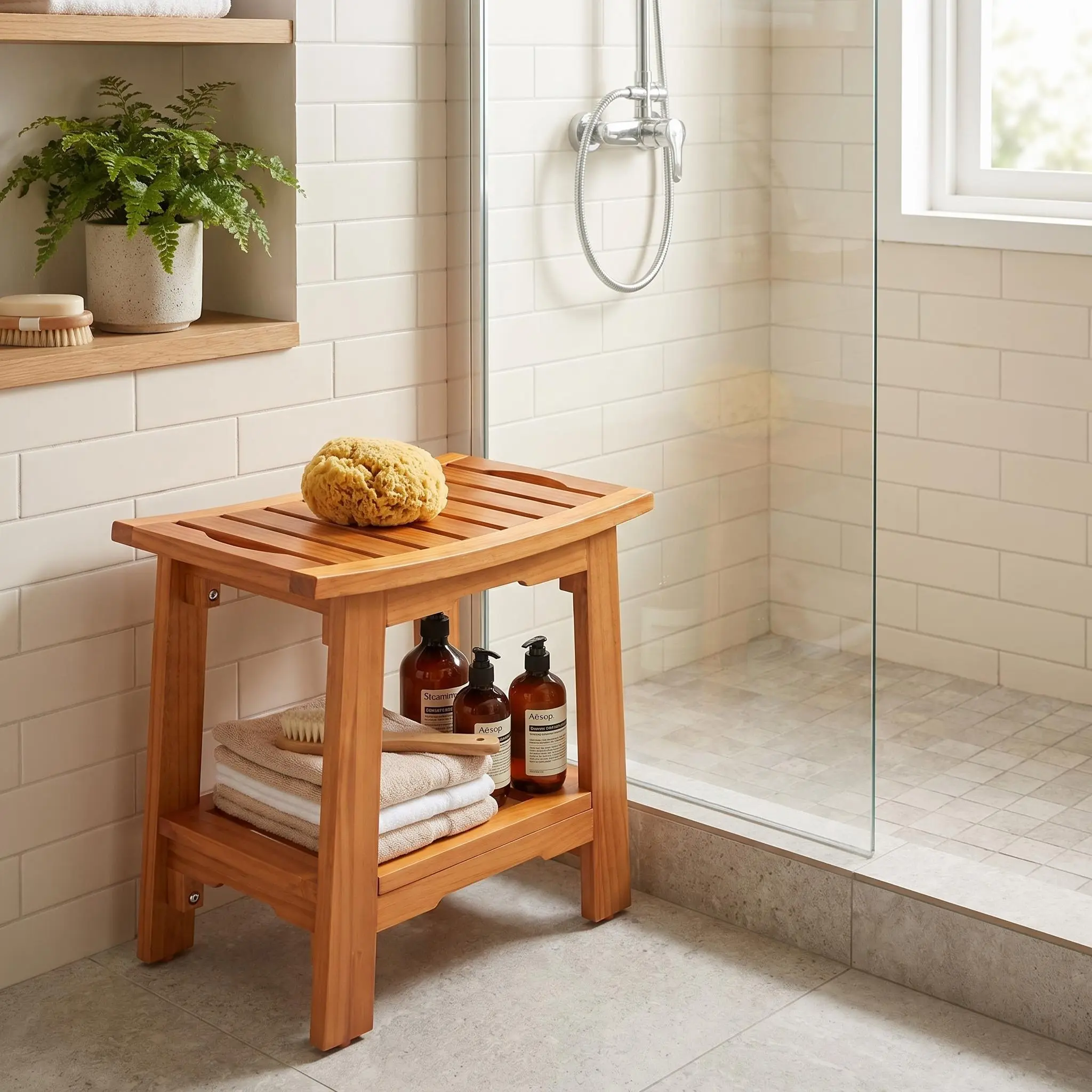 Wooden Shower Bench, Waterproof Shower Stool for Inside Showers, 250 LBS Capacity, Non-Slip Bathroom Bench with Shelf & Handles for Senior Adult, Disabled Elderly