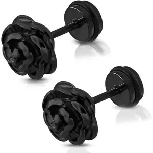 Stainless Steel Rose Flower Floral Faux Fake Cheater Ear Plugs Gauge, Pair