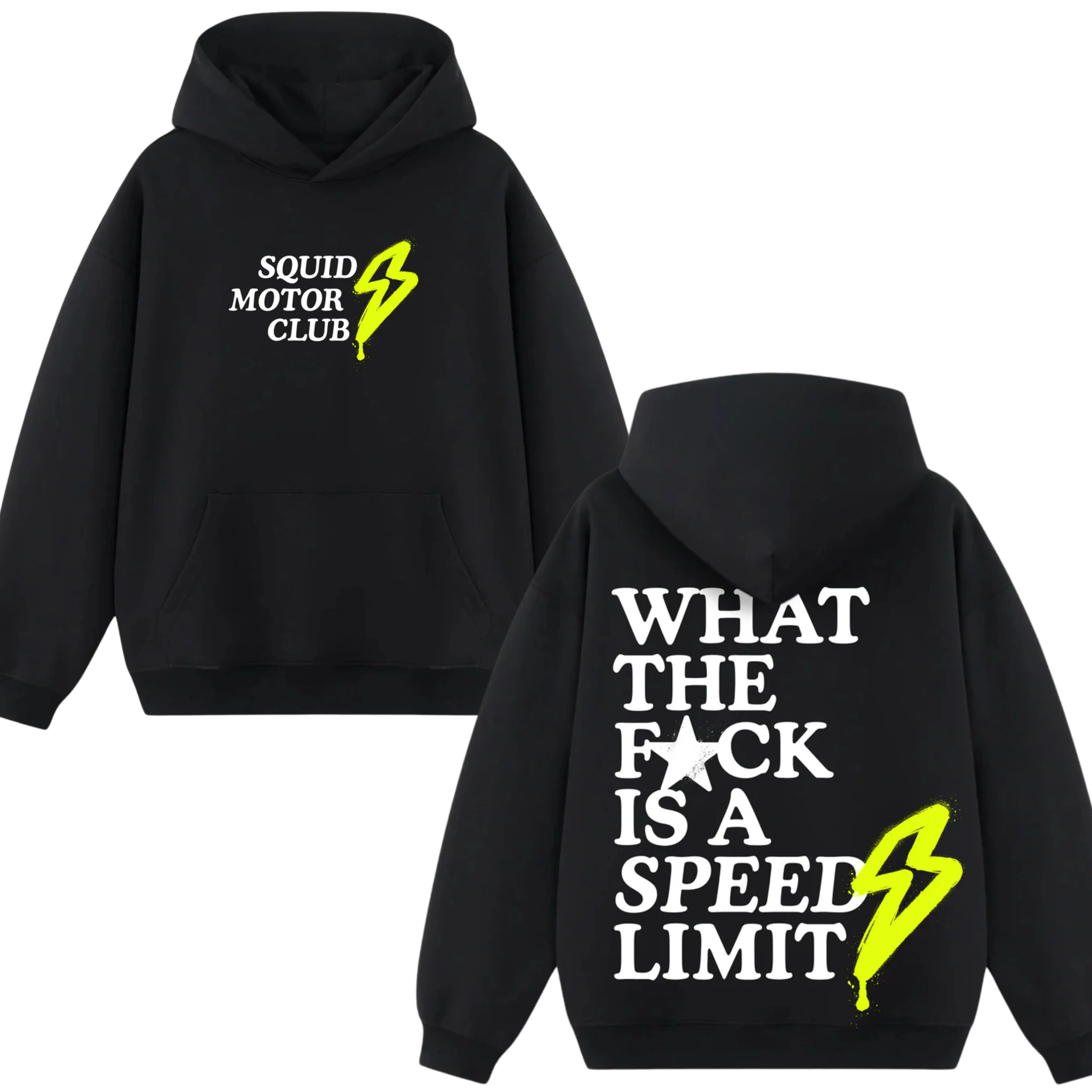 Menswear Fleece Unisex Hoodie - Soft Fabric, Funny Squid Motor Club Graphic, "What The Heck Is A Speed Limit" Biker Quote Print, Casual Rebel Streetwear, Trendy Fall Motorcycle Sweatshirts, Black Pullover Tops, Trending, Fitted, Cotton-Poly