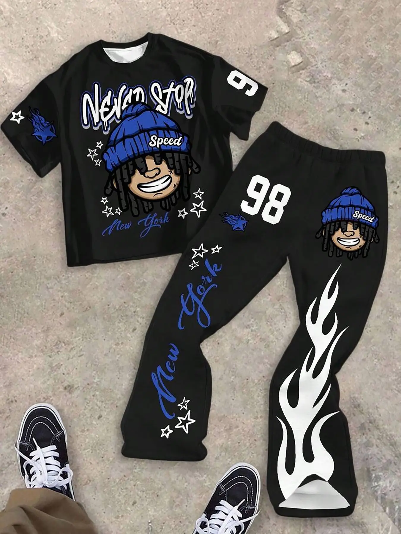 Youth Boy Fashion Cartoon Print Set, New York Text Pattern, Flame Design, Cool Star Print Short Sleeve T-Shirt and Pants, Spring Summer, Summer Clothing Set