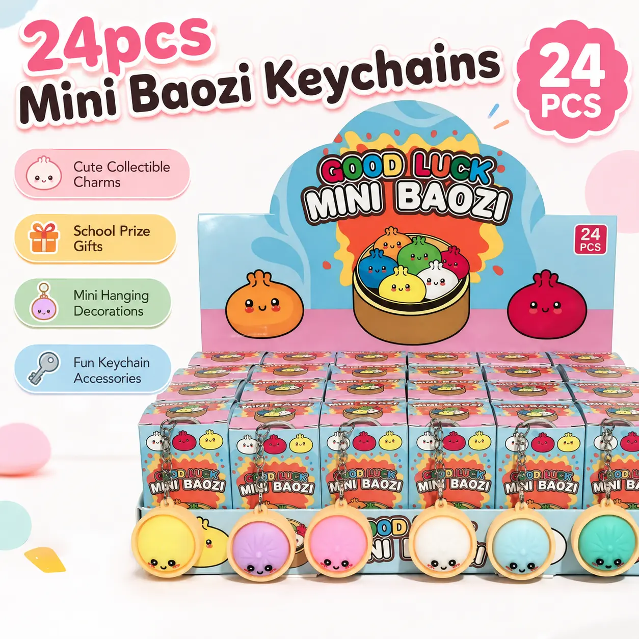 24pcs Mini Baozi Keychains, School Prize Gifts, Mini Hanging Decorations, Fun Collectible Accessories, Cute Keychain Accessory, Keychain Charms
