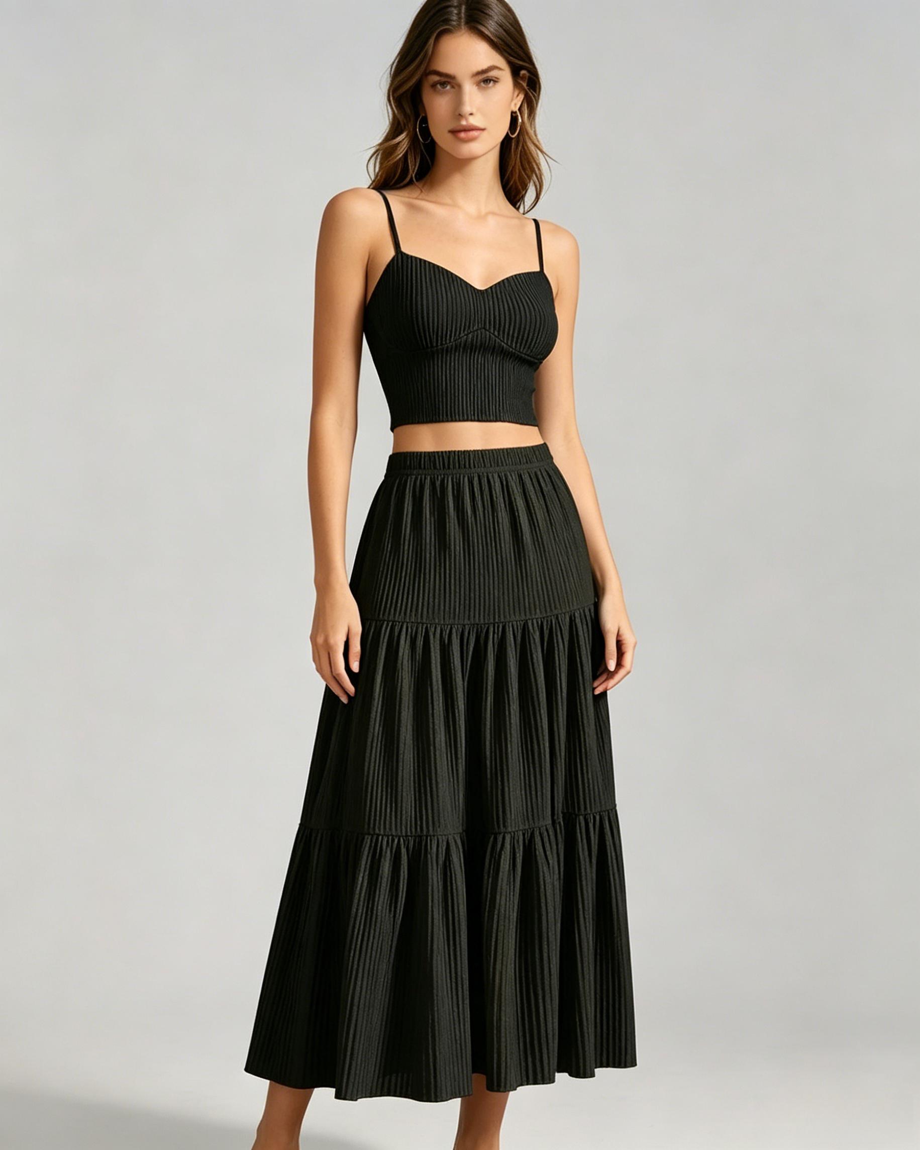 Women's Solid Crop Cami Top & A-Line Skirt Two-piece Set, Casual Fashion Cozy Outfits for Daily Outdoor Wear, Ladies Clothes for Summer