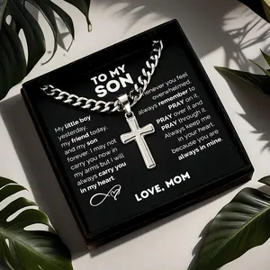 1pc "to My Son" Stainless Steel Cross Pendant Necklace - Engravable Name & Message, Elegant Cursive Lettering, Durable Men'S Jewelry Gift for Son, Birthday, Valentine'S Day, Mother'S Keepsake for Teens & Adults, Meaningful Keepsake for Everyday