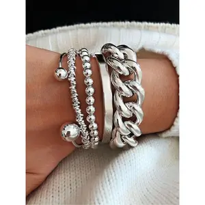 5-Piece Silver Adjustable Chain Bangle Bracelet Set for Women, Layered Stackable Open Cuff Link & Beads Design, Italian Boho Cuban Style Trendy Jewelry, Perfect Gift for Her, Ideal for Dates, Parties & Holidays