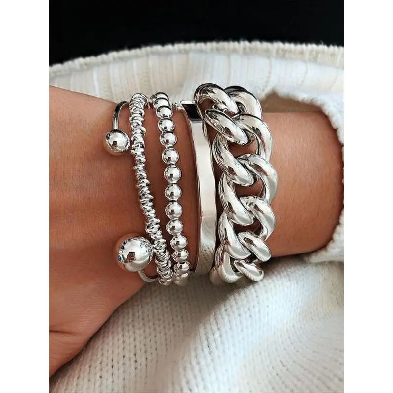 Women's 5-Piece Silver Bracelet Set, Boho Layered Alloy Cuff Bracelet with Chain Links & Beads, Adjustable Statement Jewelry for Valentine's Day, Birthday, Anniversary Gift, Valentines Day, Daily, Meaningful Gifts, Female, Italian Boho Cuban Style, Jewelr