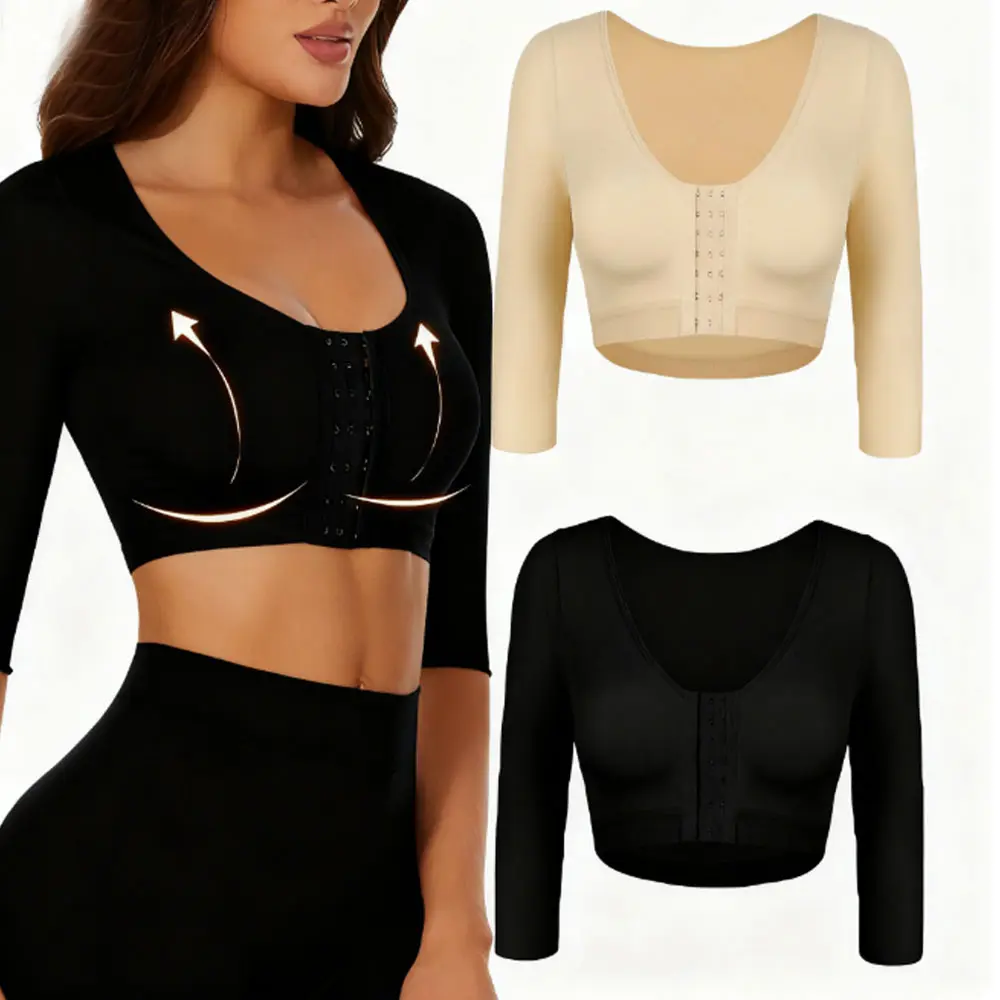 Women's Post-Surgery Long-Sleeve Compression Arm Shaper - Seamless Round Neck Nylon Shapewear, Breathable, No Underwire, Body Slimming Push-Up Corset, Long Sleeves, Arm Sleeve