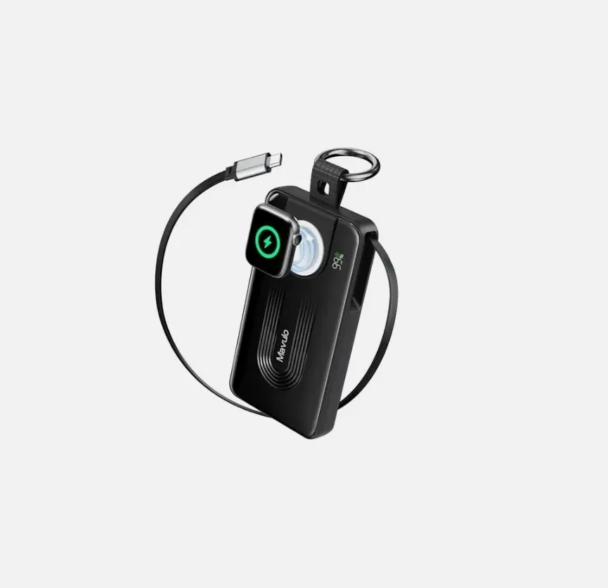 10,000 mAh fast-charging portable power bank with built-in retractable charger for Apple Watch; compact backup battery for office commuters and Apple Watch wearers, suitable for daily outdoor power supply.