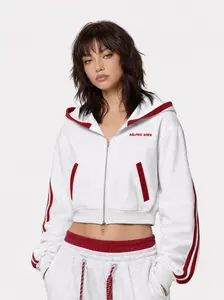 Aelfric Eden Unisex Ribbed Striped Boxy Cropped Zip-Up Hoodie - Sailor Collar, Contrast Stripe Sleeves, Stretch Knit Fabric, Everyday Fit, Casual Streetwear Top