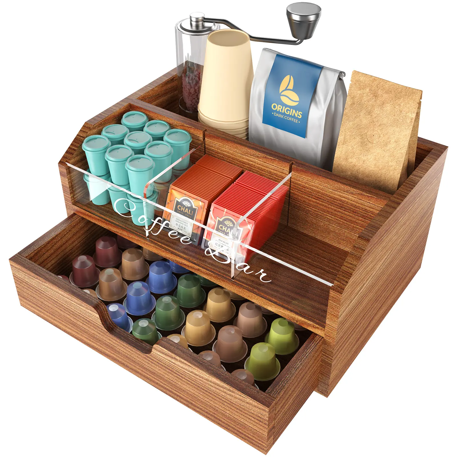 NiHome Solid Wood-Adjustable Acrylic Coffee Station Organizer - Manual Operation Capsule Holder, Compartmentalized Storage Drawer Units, Coffee Equipment, Hotel Counter Fit (Pods Stay Sorted), Drawer Organization, Rectangle
