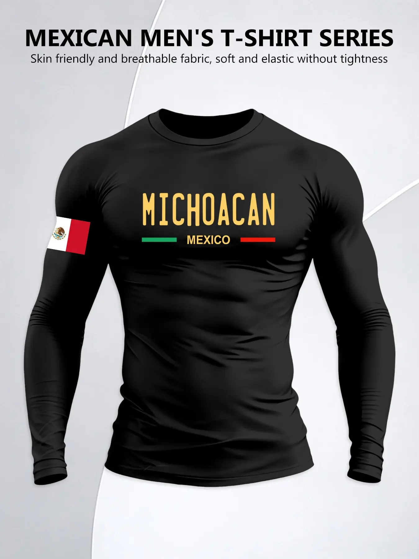 Mexican Michoacan Theme Long Sleeve T-Shirt, Sporty Fit Show Muscle, Street Style, Gym Tees, Sports Tops, Perfect with Jeans or Sports Pants, Spring & Fall