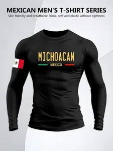Mexican Michoacan Theme Long Sleeve T-Shirt, Sporty Fit Show Muscle, Street Style, Gym Tees, Sports Tops, Perfect with Jeans or Sports Pants, Spring & Fall