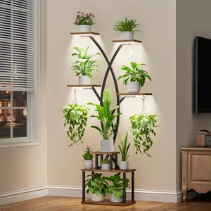 POZILAN Plant Stand Indoor with Grow Lights,Metal Plant Flower Display Shelves, Tree-Shaped Plant Rack for Home, Patio, Black