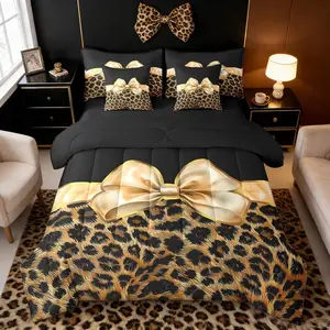 7-Piece Queen Size Animal Print Bow Bed Comforter Set - Leopard Cheetah Animal Prints, Microfiber-Treated, Soft Breathable, Girlish Look Bedding in a Bag with Sheets, Luxury Bowknot Kids Room Decor