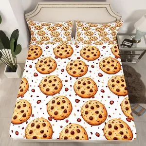 Chocolate Chip Cookies Bedding Set,Cartoon Dessert Flavours Pastry Bakery Food Design Sheet Set,Decorative Fitted Sheet,Brown White