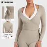 YEOREO Women's Flattering V-Neck Wrap Crop Long Sleeve Yoga Shirt - Breathable Slim Fit Athleisure Top, Gym Workout Shirts, Workout Tops, Size M for Pilates