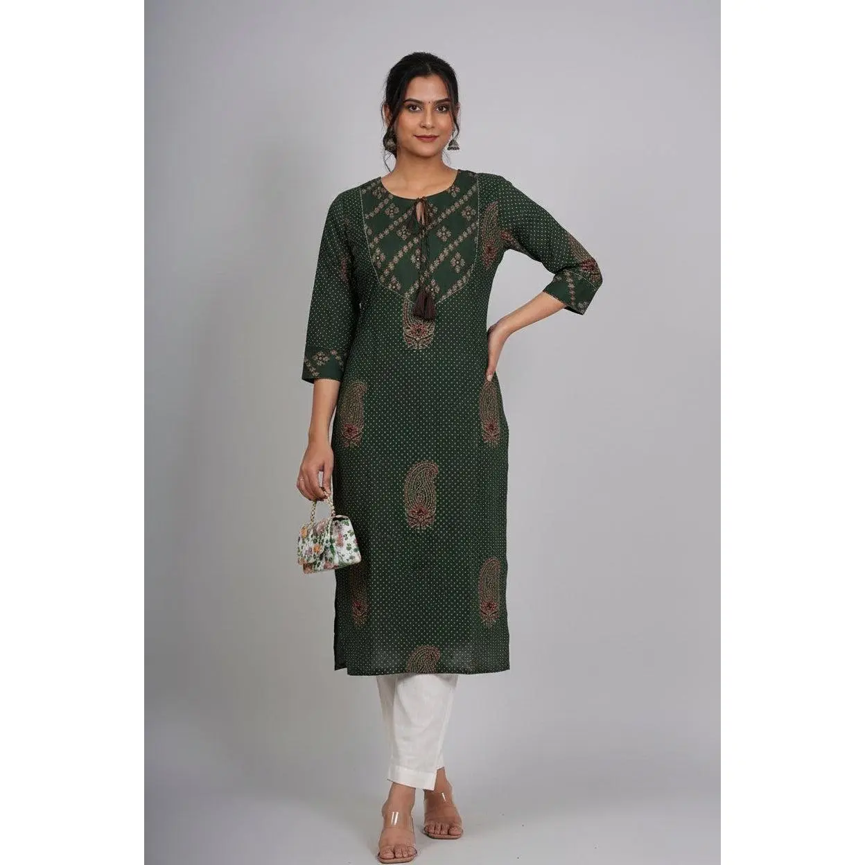 Women's Green Printed Cotton Straight Kurti - Casual Round Neck Regular Sleeve Breathable Cotton Dress, Fabric