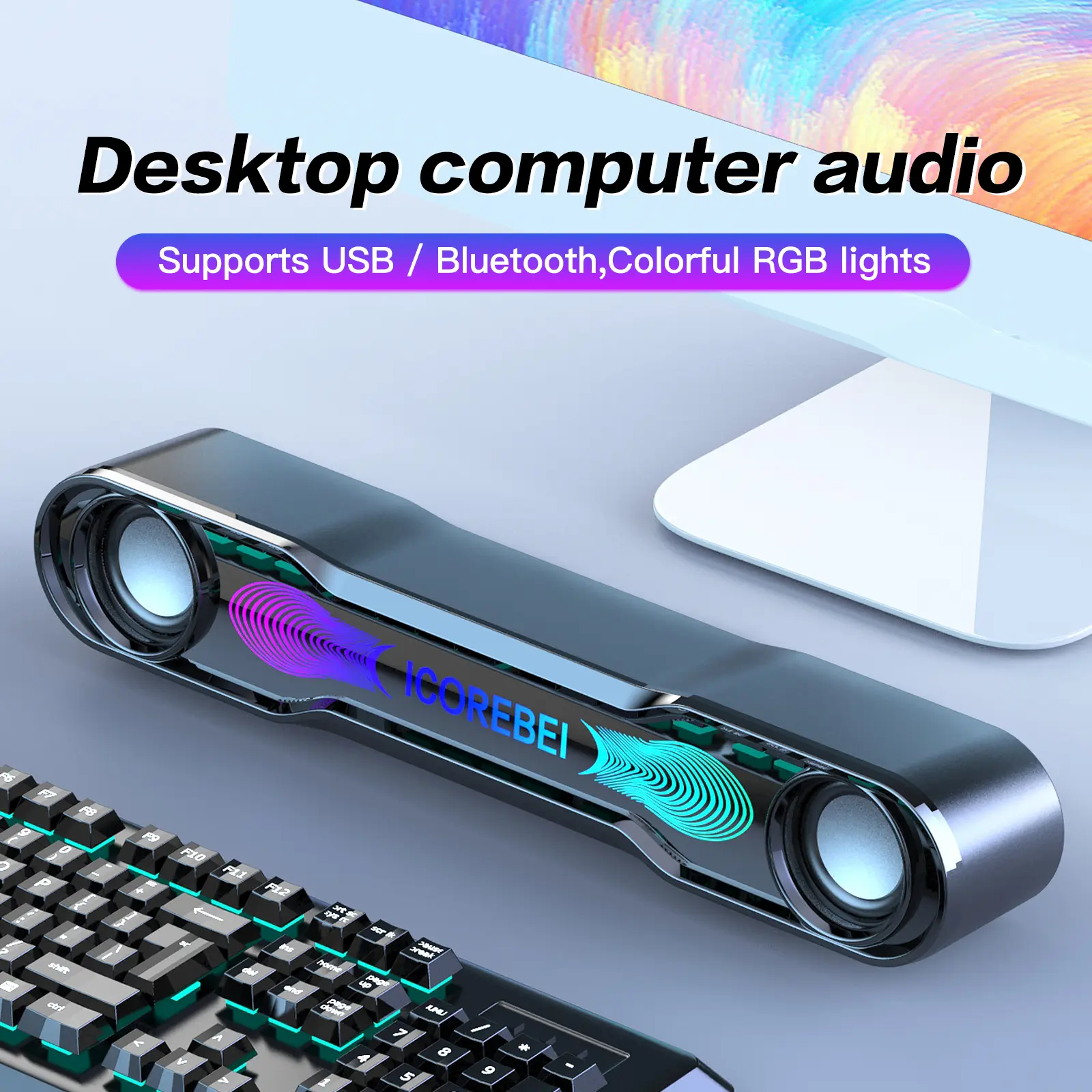 Abyss Mirror Finish Computer Speaker, wired desktop soundbar, supports wireless Bluetooth, suitable for laptops, desktops, and mobile phones, USB/USB-C plug-and-play, with RGB lighting, compact high-fidelity audio system., Usb Port, Music Setup
