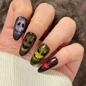 HOT 2025 DIY Halloween Glam Press On Nails Colorful Cat Eye Dark Gothic Skull Nail Art European American Western Style Medium Almond Shape 24 Pieces Set with Free Jelly Glue and Nail File