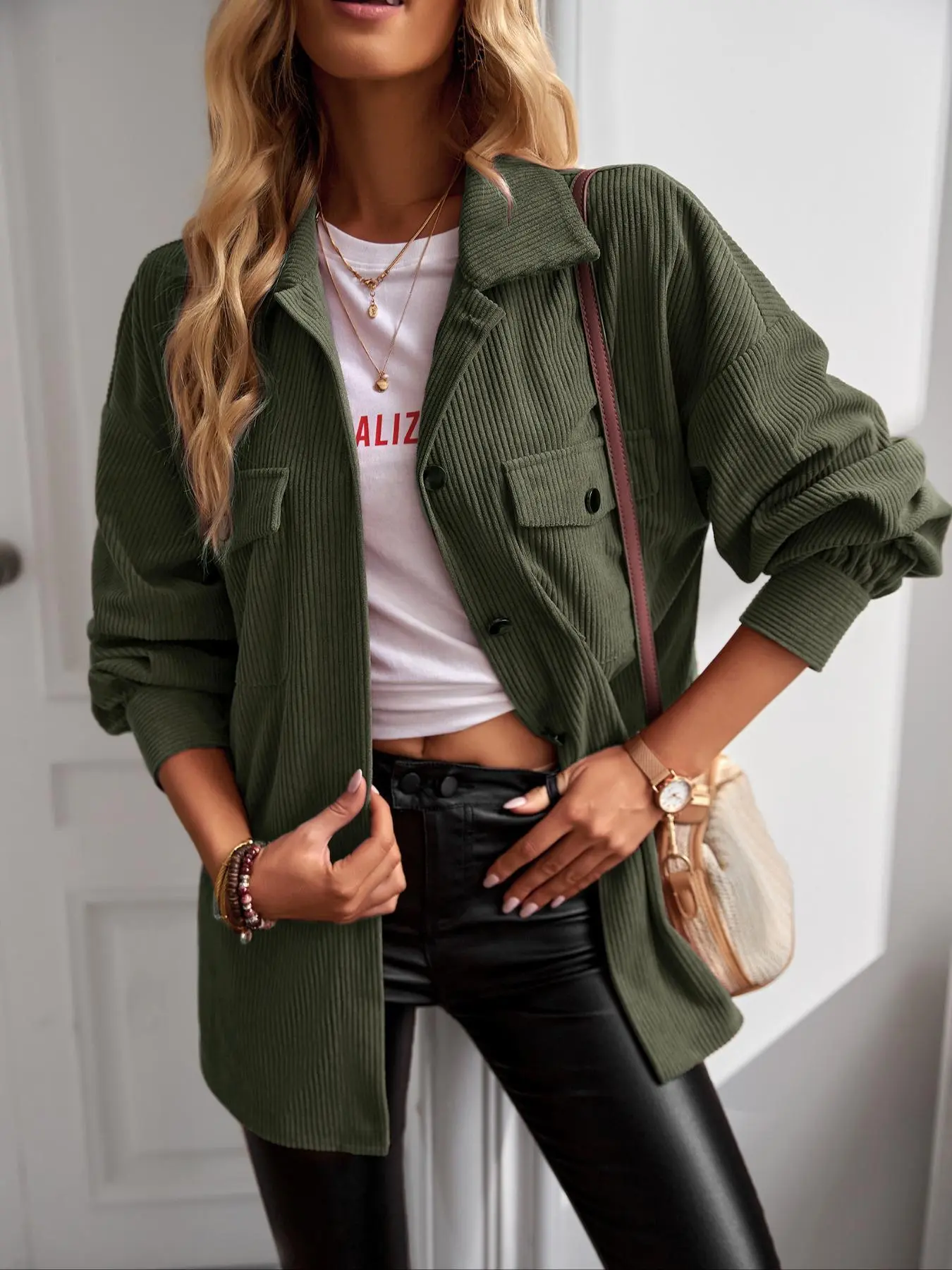 Lady's Elegant Basic Corduroy Collared Full-Sleeve Shirt Jacket - Button-Front, Relaxed Loose Fit, Autumn Winter Plain Coats, Commuter Office Outerwear, Tops for Women