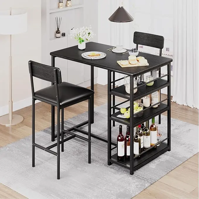 36" Width Rectangular Metal & Wood High Top Dining Pub Bar Table Set for 2, with 3 Storage Shelves, 2 Upholstered Footrest Chairs, Easy Setup Indoor Counter Furniture Set