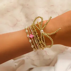 6Pcs Stylish Bohemian Resin Bow Cross Elastic Bracelets for Women - Golden-Tone Beads Accents, Casual Attire & Party Bracelets Accessories, Year-Round Fashion, Yearround Wear | Chic Appearance | Embellishments, Jewelry Gift