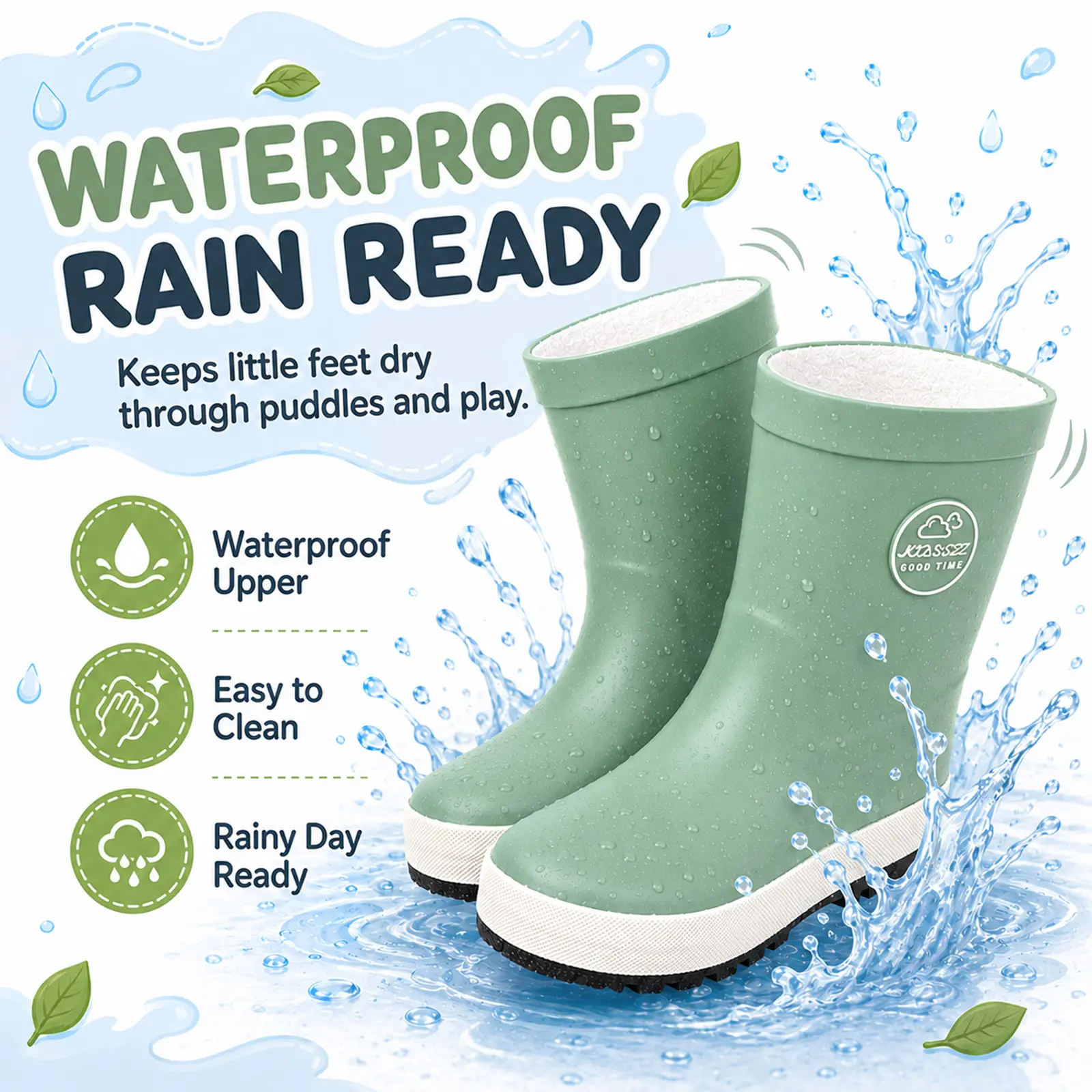 Women's Ankle-High Toddler Rain Boots, Green & White Waterproof Non-Slip Rubber All-Season Footwear with Fleece Liner, Comfy Fit Easy-Clean Shoes with Decorative Details for Beach Wading Rainy Winter Walking