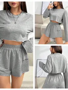 Short Sweatshirt Set, Lazy Comfortable Feel, Early Autumn Sweet Cool Style, Long Sleeve Top + Wide Leg Shorts, Perfect for Outdoors & Home