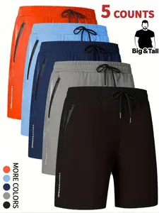 【Plus Size】 Letter Print Drawstring Waist Shorts, Casual Regular Fit Pocket Zipper Shorts for Summer, Athleisure Menswear, Lightweight Workout Activewear, Training Cycling Breathable Fitness Athletic Wear, Sports Shorts Set