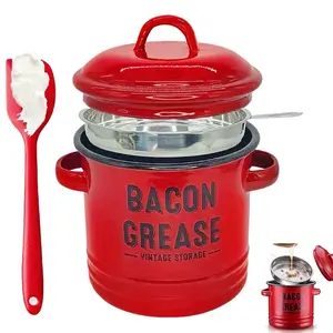 Bacon Grease Container with Strainer, Enamel Grease Saver, Kitchen Oil Dispenser with strainer & Lid, Olive Oil Dispenser, Ideal for Frying Residue Filtration, Easy-to-Clean Large Enamel Rustic Farmhouse Fat Container