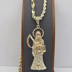 THE GRIM REAPER/LA SANTA MUERTE FASHION necklace Rope style chain GOLD-PLATED 24"inches clear red stone's new pendant