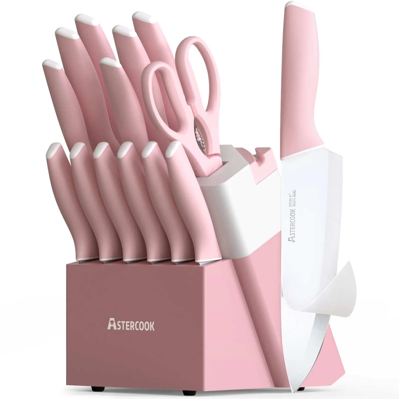 Astercook Pink Knife Set, 14-Piece Kitchen Knives with Self-Sharpening Block, Dishwasher Safe, Steak Knives Included – Valentine’s Day Gift for Her Steel Ceramic