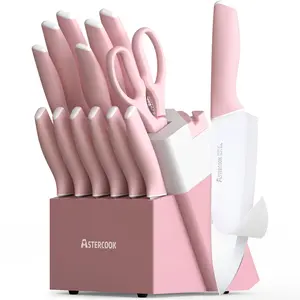 Astercook Pink Knife Set, 14-Piece Kitchen Knives with Self-Sharpening Block, Dishwasher Safe, Steak Knives Included – Valentine’s Day Gift for Her Steel