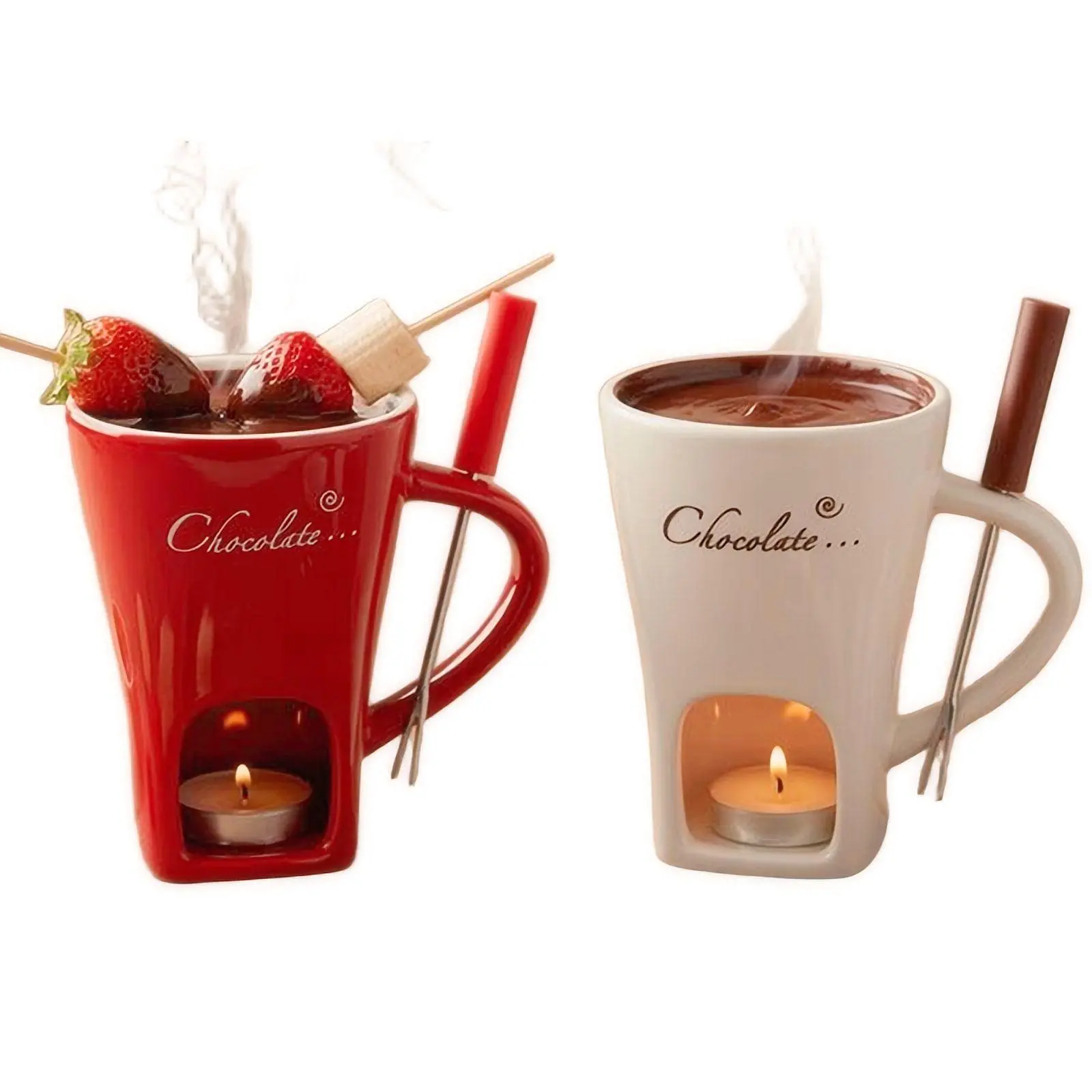 Chocolate Fondue Set with Candle Heater – Ceramic Chocolate Melting Pot Cup with Fork, Red/White, Dessert Maker for Christmas, Thanksgiving, Birthday Party Gifts