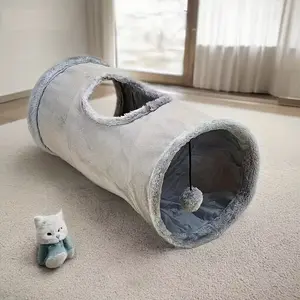 Foldable Plush Cat Tunnel with Fun Ball Holes, Cozy Hiding Spot for Kittens and Cats, Interactive Toys Included, Light