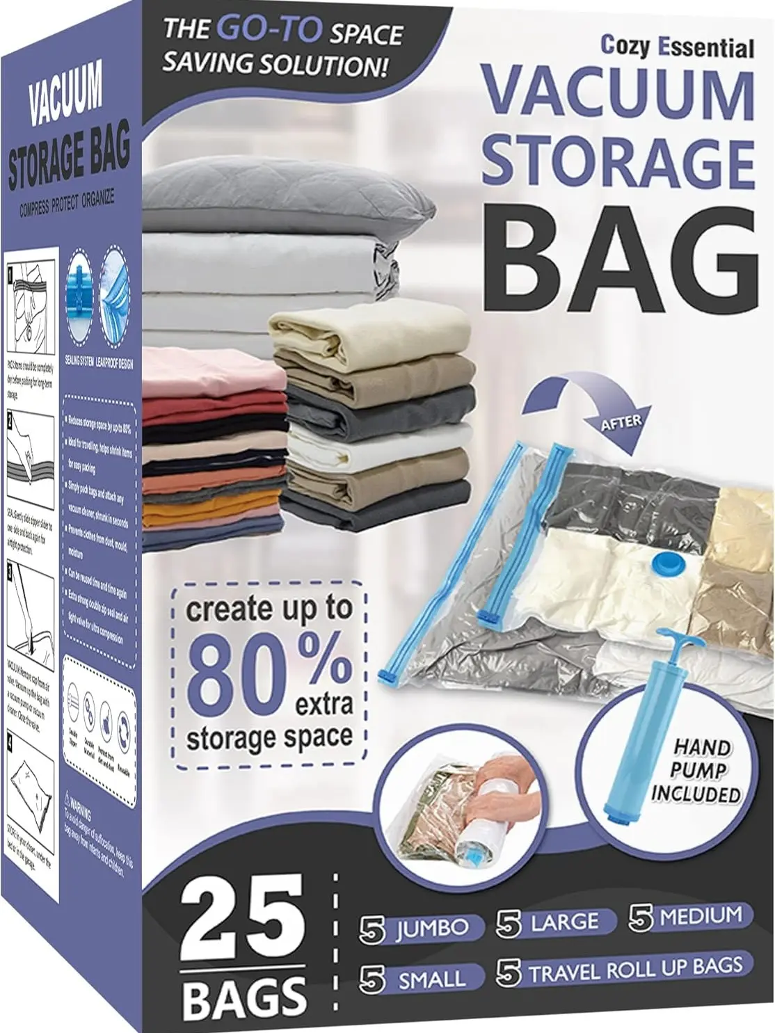 Cozy Essential 25 Pack Vacuum Storage Bags, 80% Space Saving Airtight Vacuum Compression Bags for Clothes, Blankets, Pillows, Bedding & Comforters, Compatible with Vacuum Sealer Machine