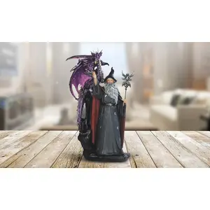 11"H Wizard with Purple Dragon and Magic Wand Statue Fantasy Decoration Figurine