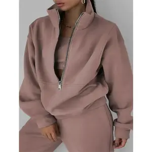 Plus Size Casual Solid Color Pants Set, Zipper Long Sleeve Sweatshirt & Pants Outfits For Fall & Winter, Women's Plus Size Clothing