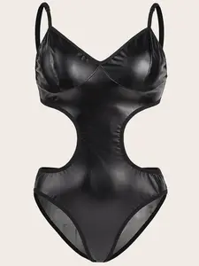 Women's Punk Gothic PU Leather High Waist Cut Out Onesie, Adjustable Straps, Patchwork Design, Streetwear Lingerie for All Seasons Underwear, Waist Bodysuit