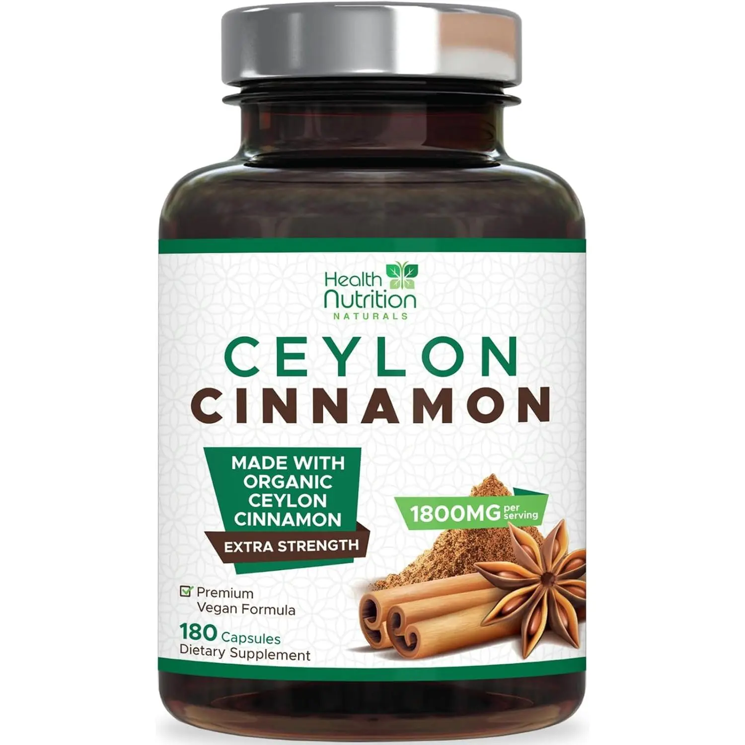 Ceylon Cinnamon Capsules 100 Percent Extra Strength Cinnamon Pills Certified Organic Ceylon Powder Energy Heart Support Gluten Free Sugar Free Supplement Bottled in USA 180 Count Premium Dietary Care Fast Acting Metabolism Wellness Formula