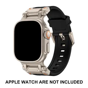 A Set of Mecha-Style Watch Band suitable for Apple Watch Silicone strap with Titanium-colored Stainless steel connector outdoor sports Compatible with Apple Watch Ultra 2/1 (49mm) Series 9/8/7 (45mm), S6/5/4/SE (44mm), S3/2/1 (42mm) the Larger size