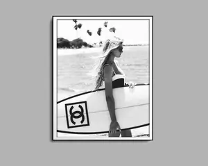 Surfer Girl Poster, Surfboard Wall Art, Black and White, Fashion Print, Vintage Photo, Summer Poster, Beach House Décor
