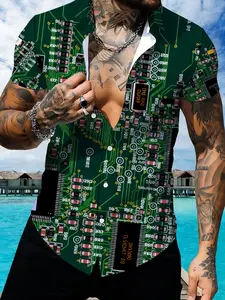 Circuit Board Pattern Men's Short Sleeve Shirt, Fashion Trendy Print Design, Summer Casual Men's Top