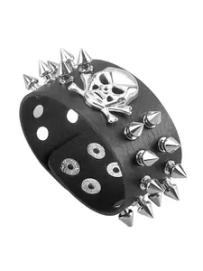 Punk Style Skull Chain Leather Bracelet, Dark Metal Spike Wristband, Unique Cool Street Fashion Accessory, Gothic Jewelry, Trendy Punk Jewelry