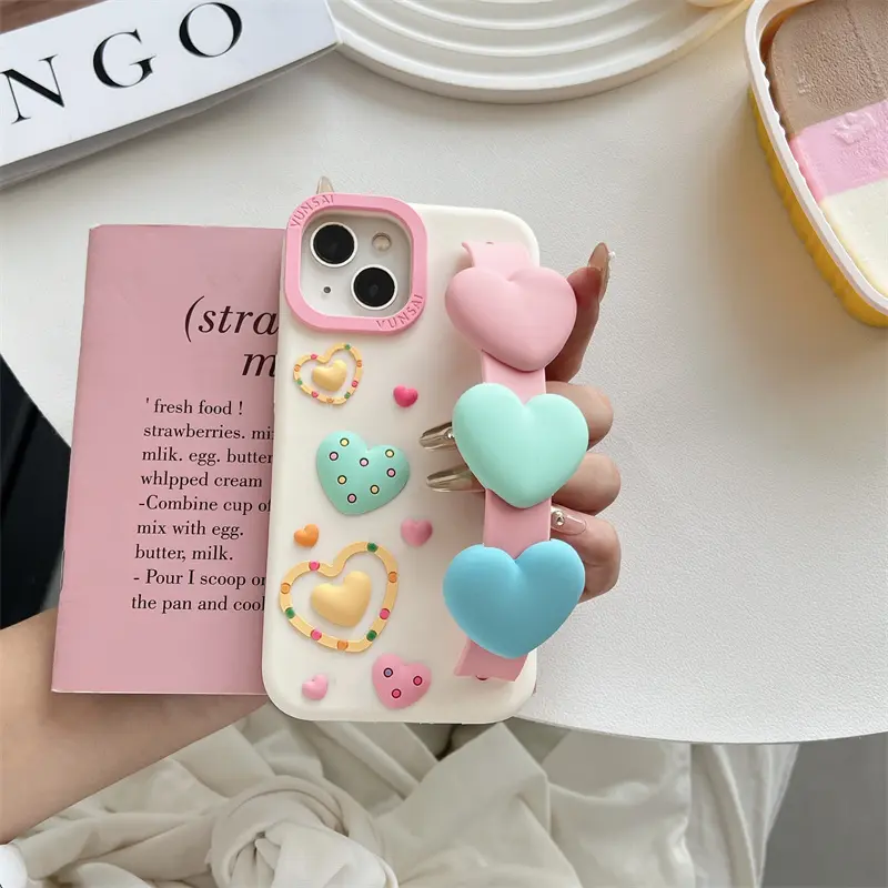 IPhone 13/14/16/17 Pro Max phone case Cover | Silicone | Colorful heart | Heart wrist strap | Best friend gift | for iPhone 12 13 14 15 16 17 Pro Max