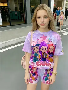 Trendy Girl Group Casual Fashion Set, Purple-Pink Gradient Trio Girls + Disco Ball Print T-shirt + Matching Shorts, Kids 2-Piece Outfit