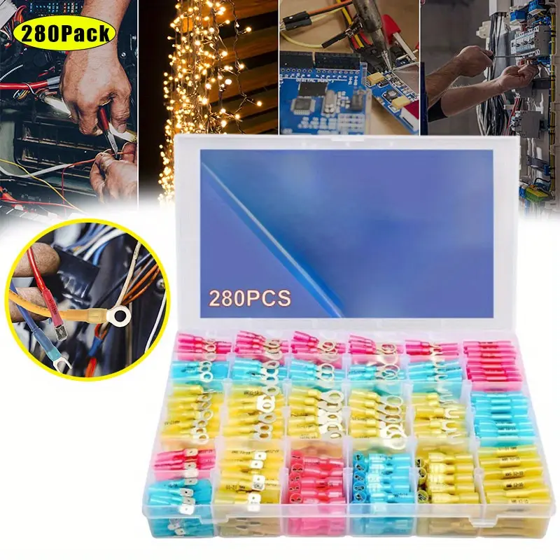 A Set of 280 Pcs Electrical Connectors Kit of Tinned Red Copper,Marine Grade Heat Shrink Wire Connectors,Crimp Insulated Ring Fork Spade Butt Splice,16-14,22-16,12-10 Gauge,Tools&Hardware,Summervibes