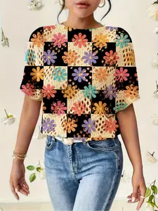 Women's Colorblock Plaid Floral Print Round Neck Sweater, Casual Batwing Sleeve Knit Top, Fall Winter Comfortable Warm Clothing