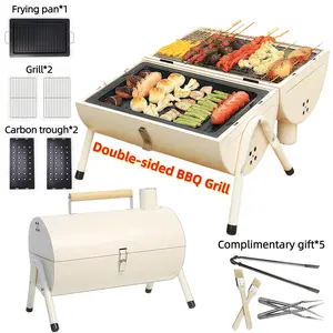 11-in-1 Double-sided Portable Charcoal Grill with Smoker Function，Spit Roast Shovel Fork Grill & Heat Resistant Clip，or Outdoor Cooking Backyard Camping Picnic Beach, Multi-Person  DualPurpose BBQ camp stove ，2 Carbon trough, 2 Baking Net,1 Baking Pan