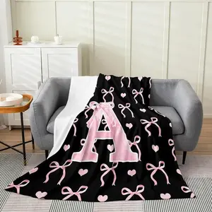 Soft Funny Throw Blanket Initial Letter A-Z Flannel Blanket Throw for Girls, Black Pink Alphabet Flannel Blanket Soft Funny Throw Blanket Cozy Lightweight Plush Portable Cover Blanket For Sofa,Warm Gift For Birthday,Christmas,Multiple Blankets